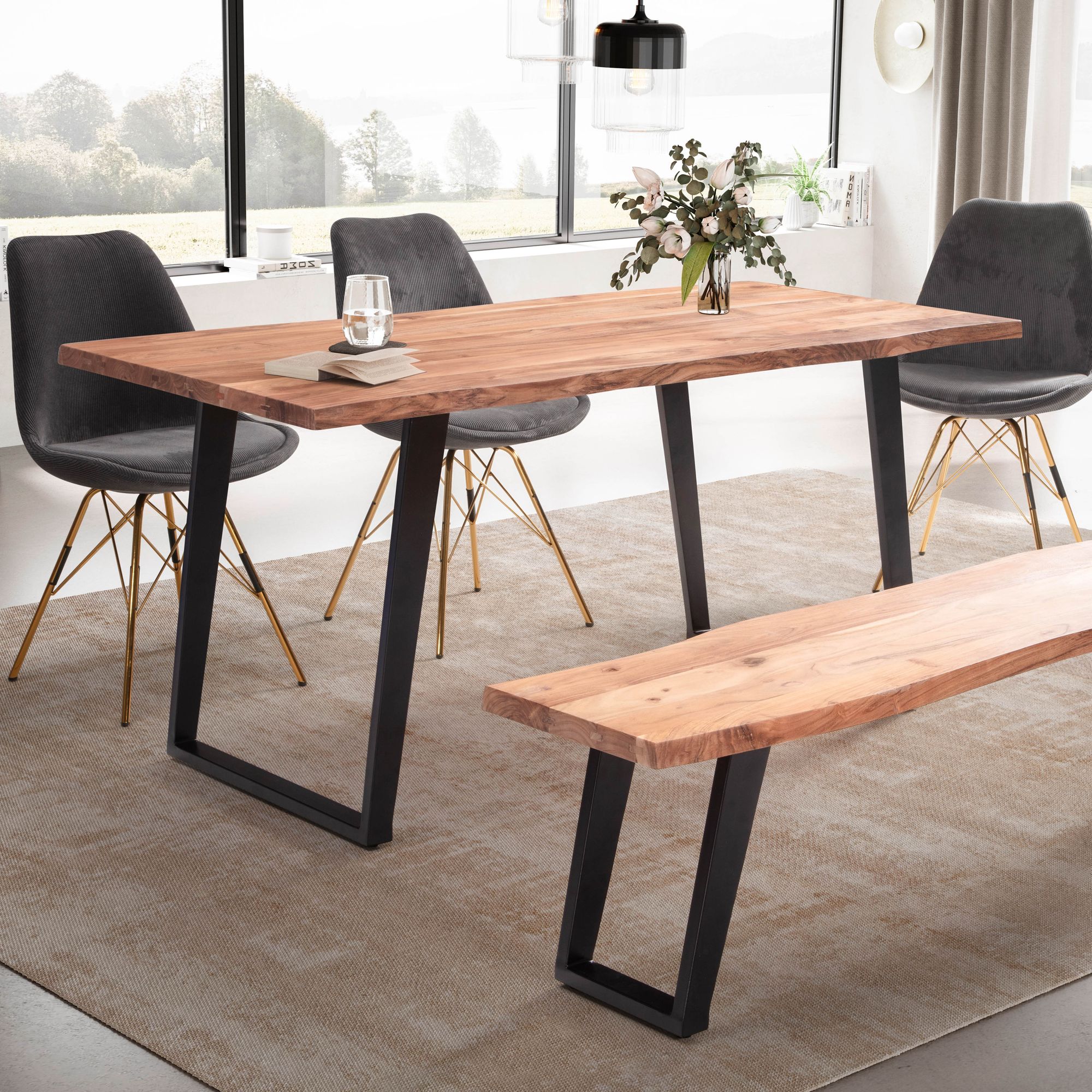 Dining room table 120x60x76 cm acacia solid wood / metal dining table tree edge, solid kitchen table with u-legs in black, wooden table dining table dining room rectangular