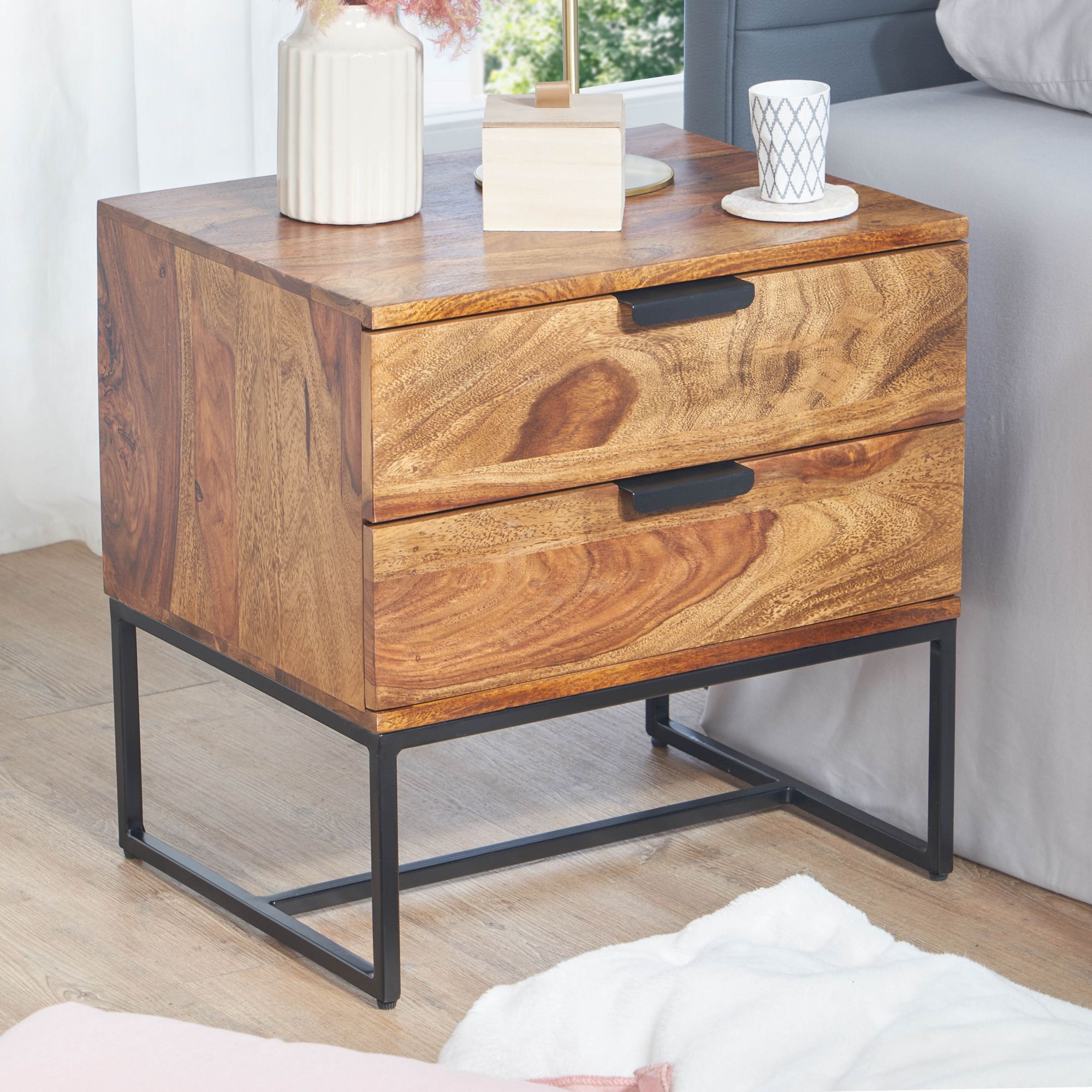 Bedside table solid sheesham wood / metal 50x40x51 cm bedside table box spring bed