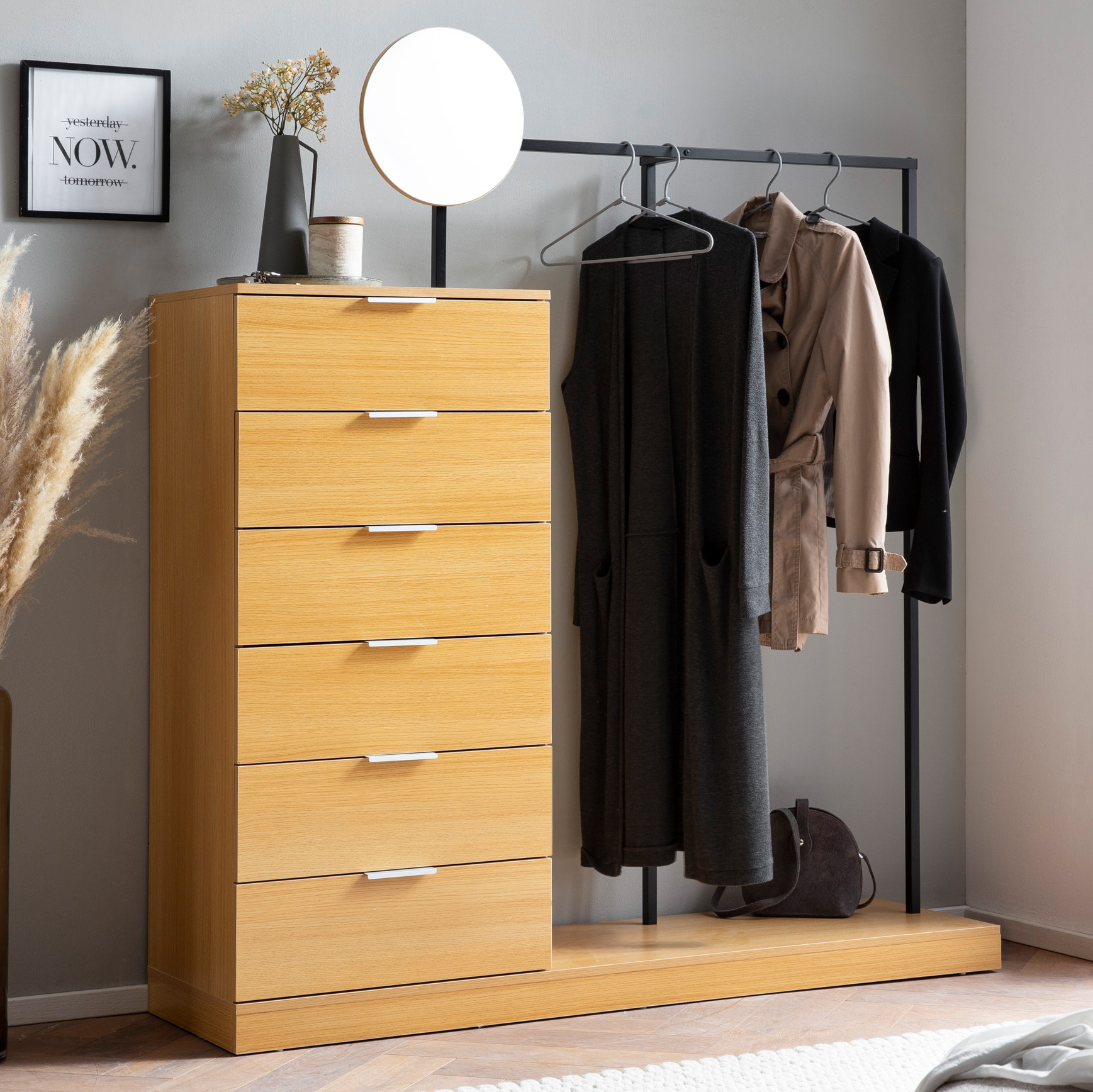 Wardrobe oak decor 145x165x40 cm hallway wardrobe modern, compact wardrobe for shoes, jackets, scarves and hats, clothes rack hallway with chest of drawers, clothes rail and mirror