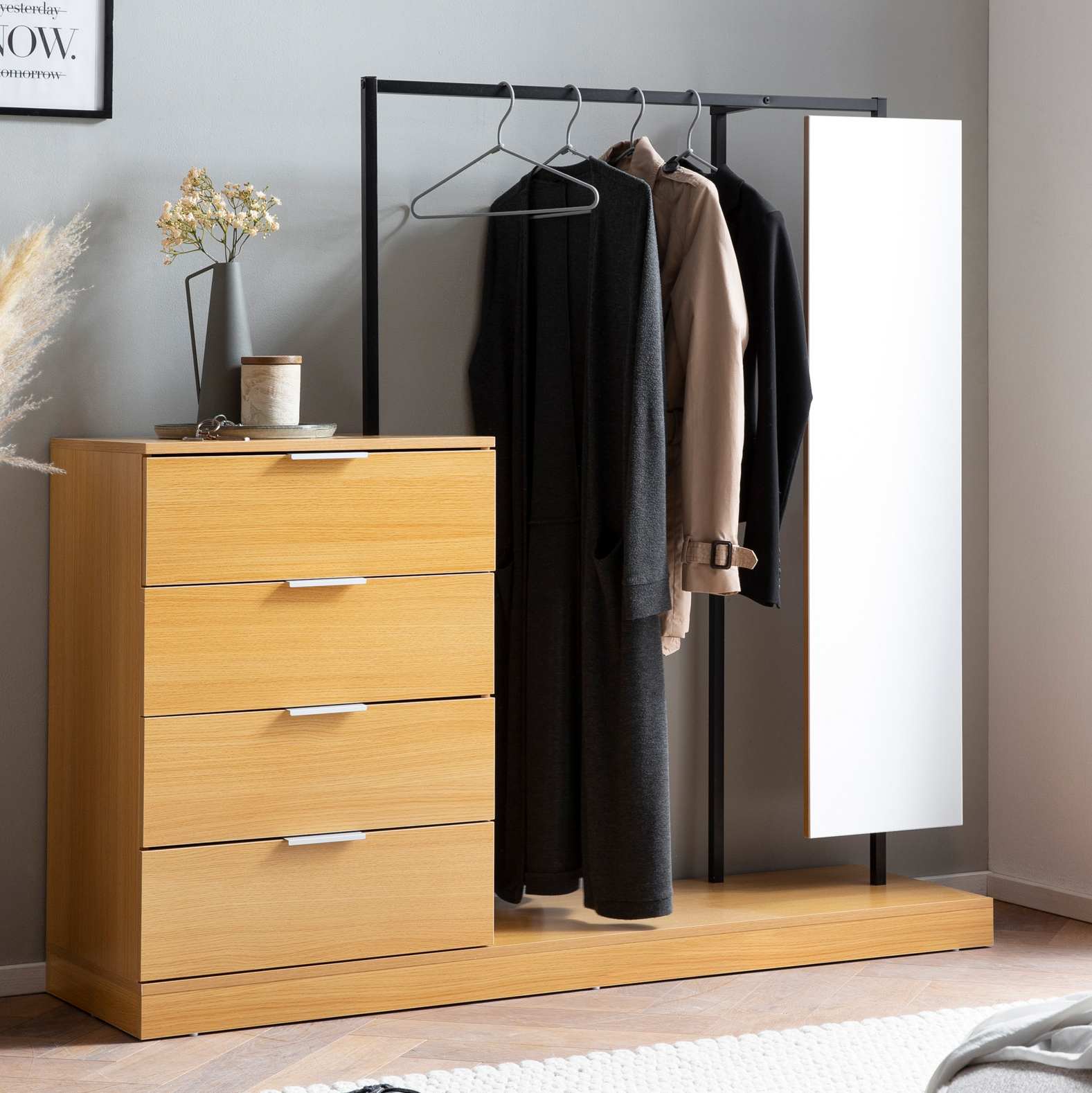 Wardrobe oak decor 145x138x40.5 cm hallway wardrobe modern, compact wardrobe for shoes, jackets, scarves and hats, clothes rack hallway with chest of drawers, clothes rail and mirror