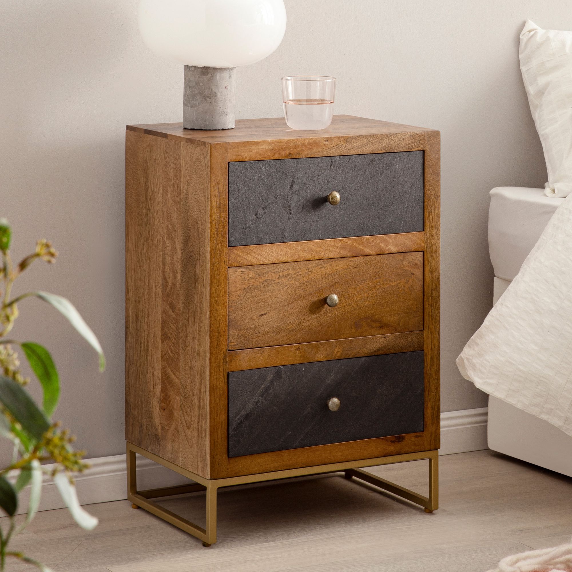 Bedside table mango solid wood / stone look 40x60x30 cm bedside table box spring bed