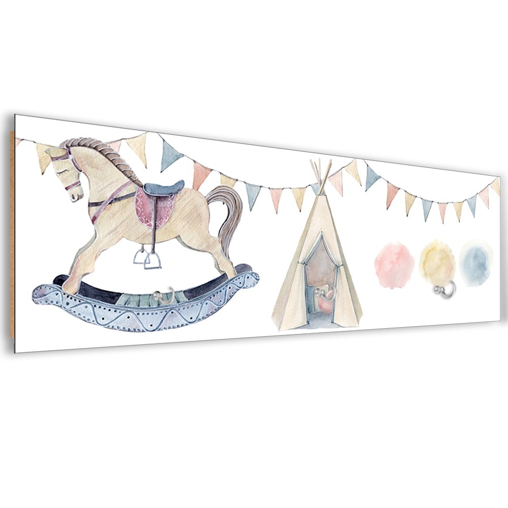 Coat rack in hdf panel and satin paper with children's drawing in pastel tones