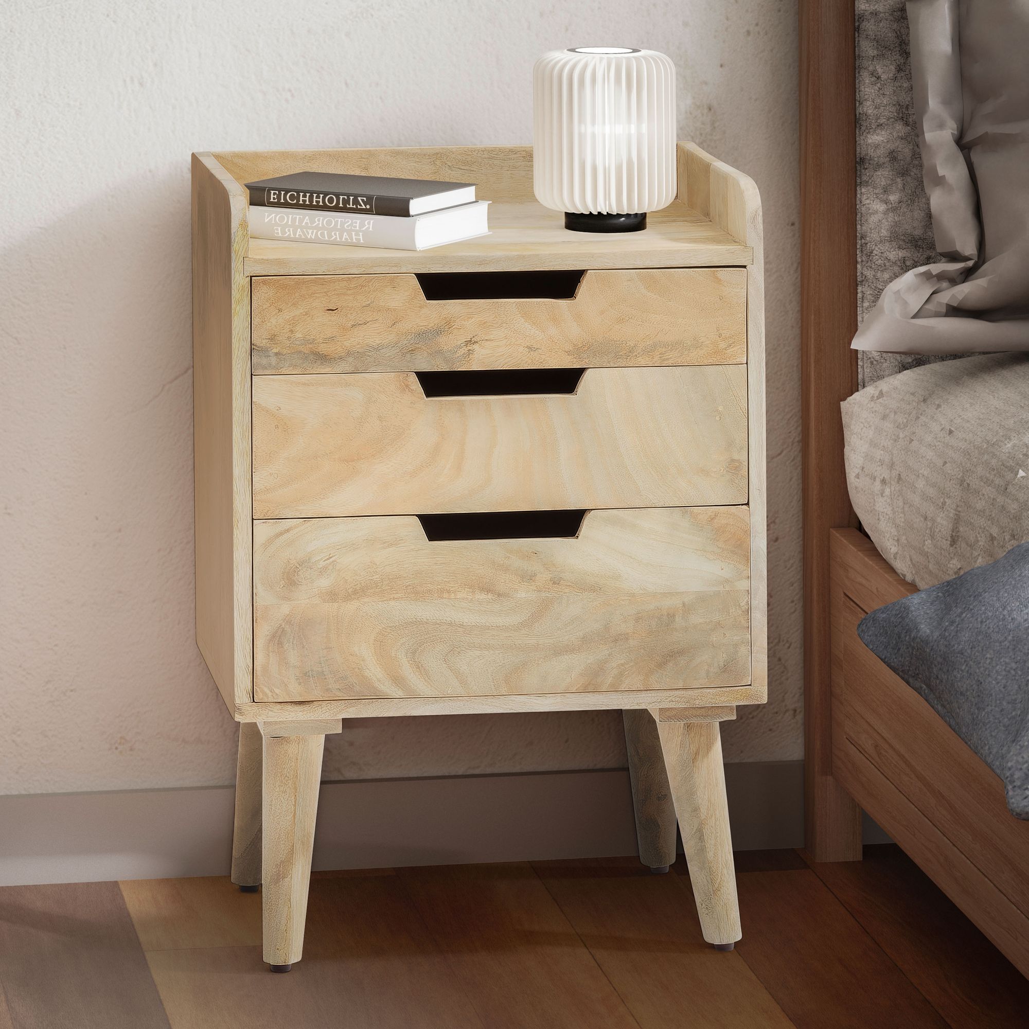 Bedside table mango solid wood light brown 45x33x63 cm bedside table box spring bed, designer night console with 3 drawers & storage space, bedside table storage space