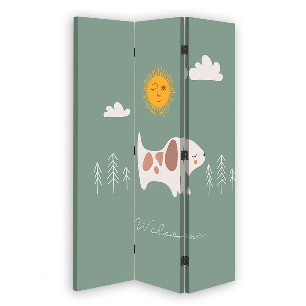 110 cm double-sided screen made of mdf and canvas with happy dog ​​design