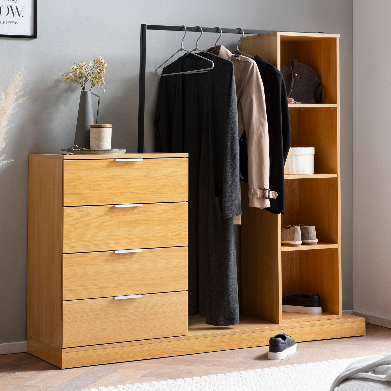 Wardrobe oak decor 145x136x40 cm hallway wardrobe modern, compact wardrobe for shoes, jackets, scarves and hats, clothes rack hallway with chest of drawers, clothes rail and shelf