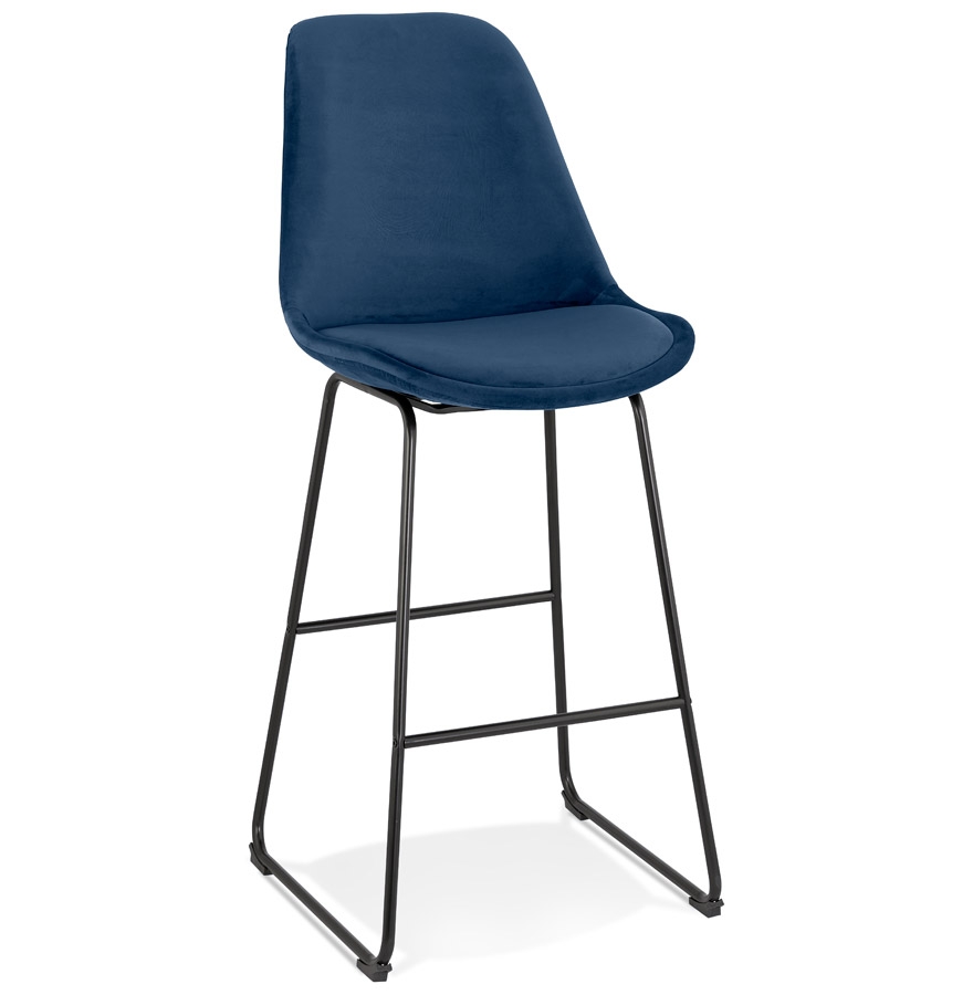 'BULLY' bar stool in blue velvet and black metal legs