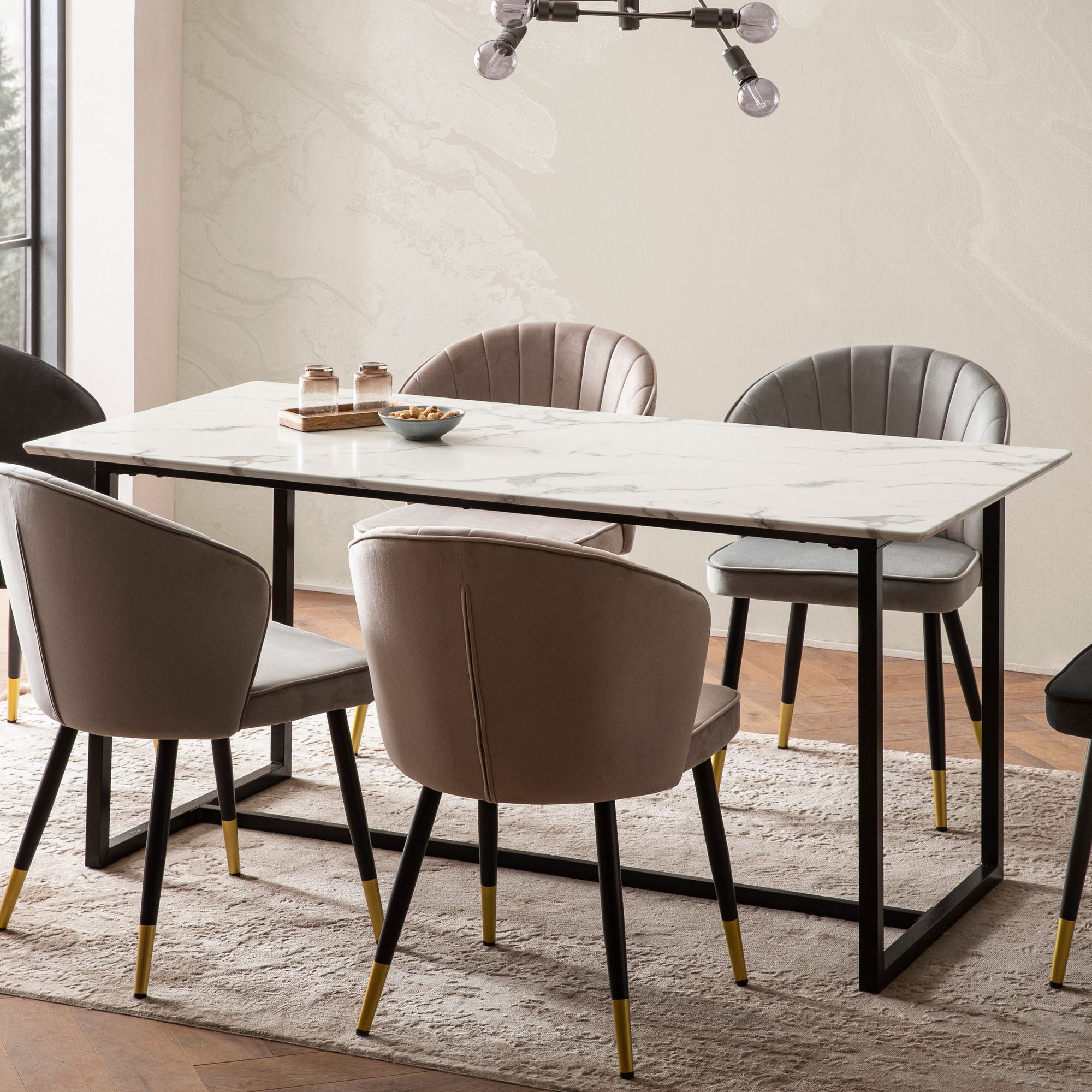 Dining room table 120x60x76 cm kitchen table white in marble look modern, small dining table, rectangular dining table, dining room table with metal legs