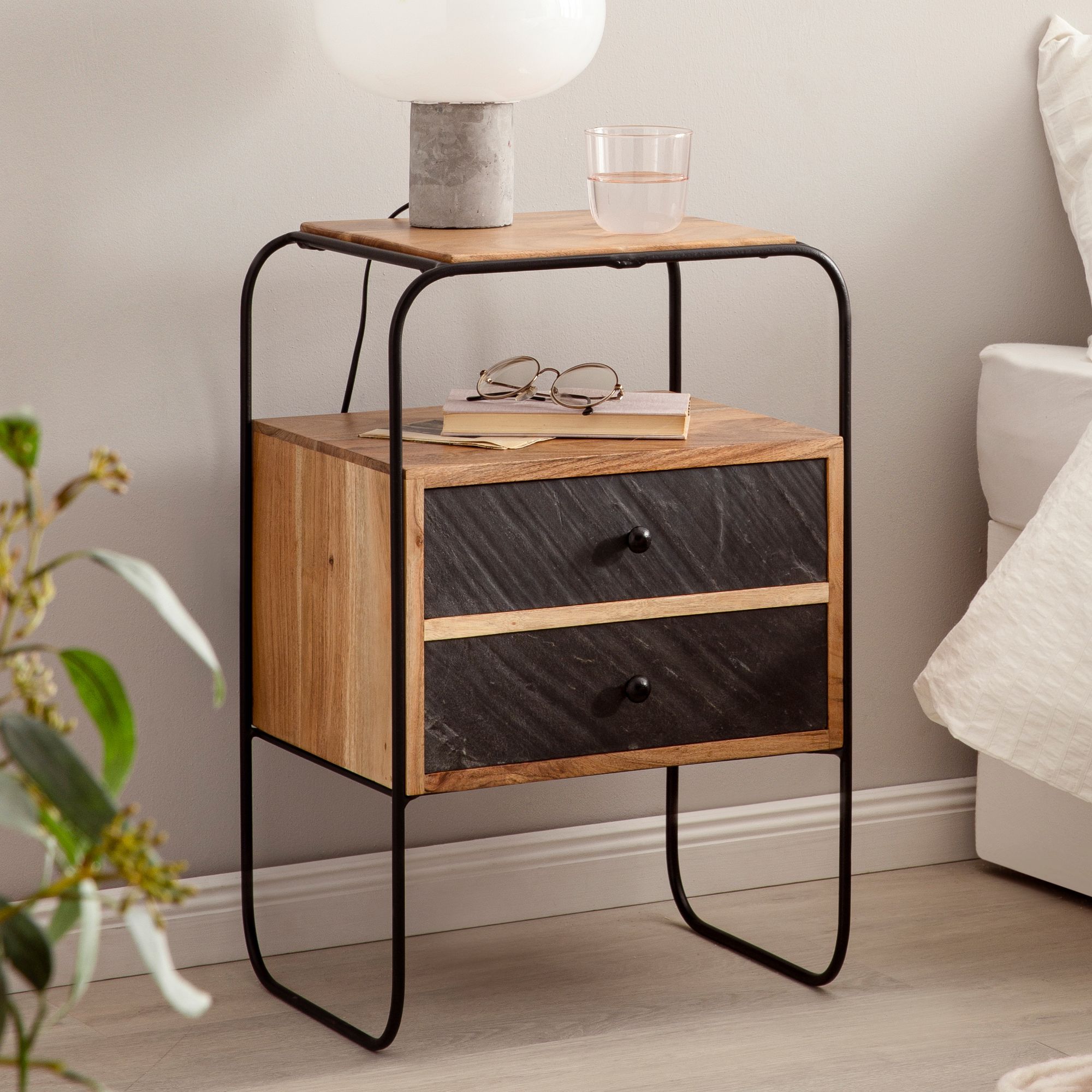 Bedside table solid acacia wood / stone look 40x60x30 cm bedside table box spring bed