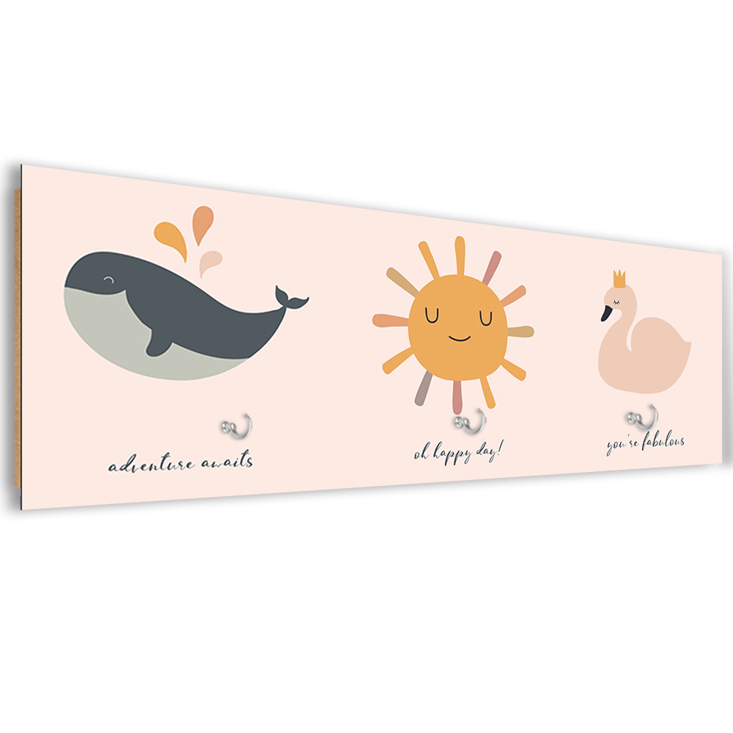 Coat rack in hdf panel and satin paper with pastel pink animal children's drawing