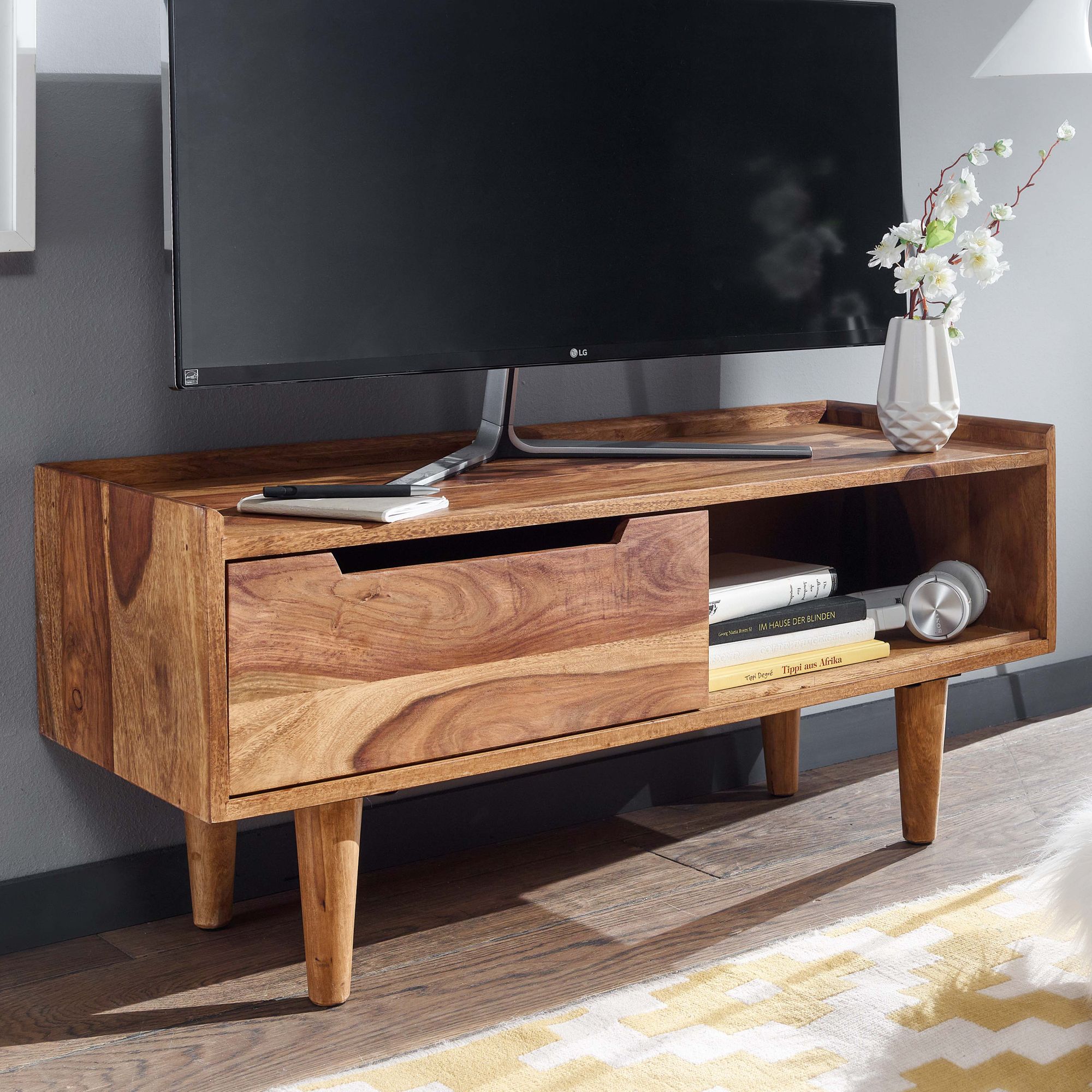 Lowboard solid sheesham wood 95x44x34 cm tv dresser with sliding door