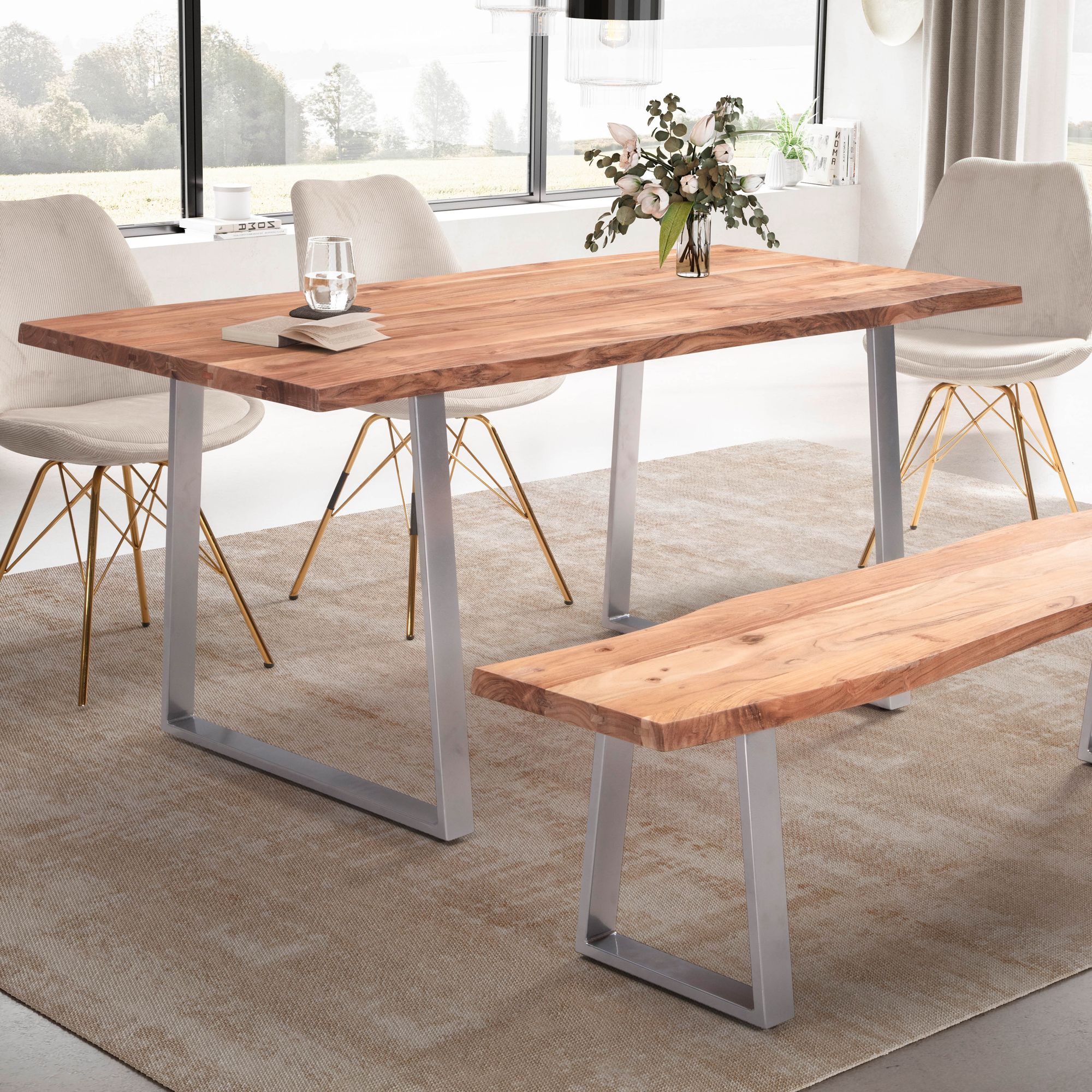 Dining room table 120x60x76 cm acacia solid wood / metal dining table tree edge, kitchen table solid with trapezoid legs in chrome, wooden table dining table dining room rectangular