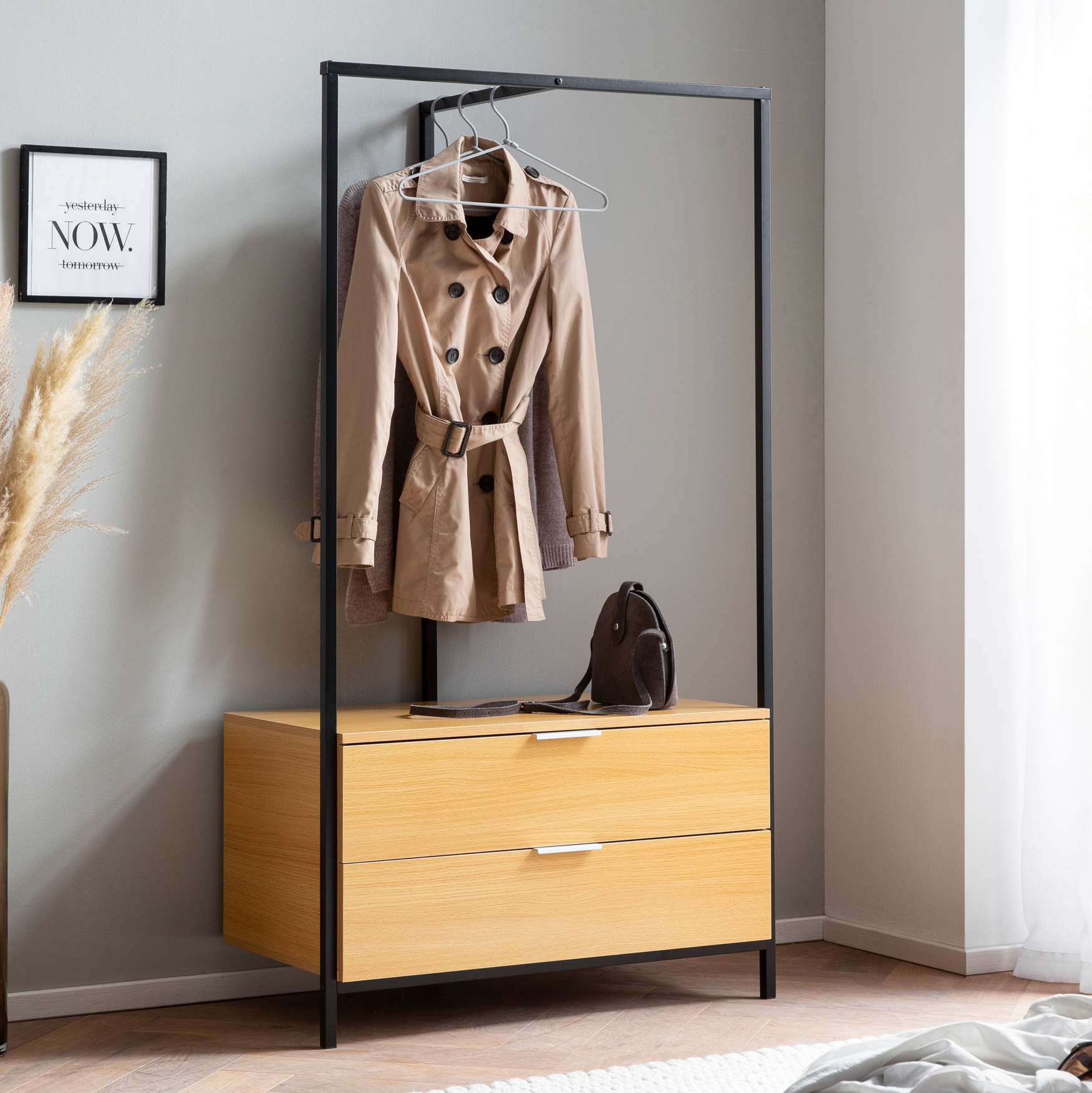 Wardrobe oak decor 152x85x44 cm hallway wardrobe modern, compact wardrobe for shoes, jackets, scarves and hats, hallway clothes rack with drawers and clothes rail