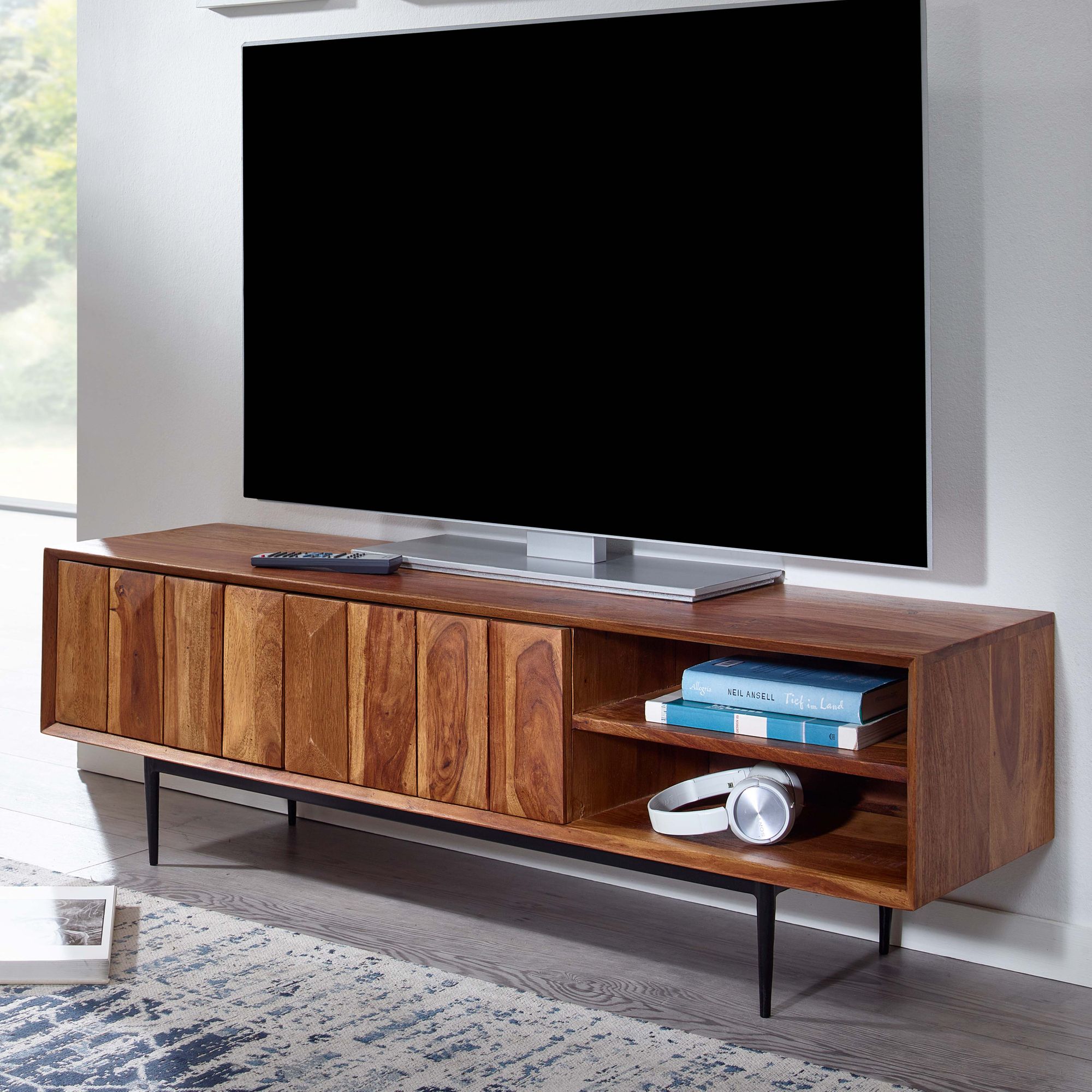 Lowboard solid sheesham wood 123x42x35 cm tv dresser with two doors