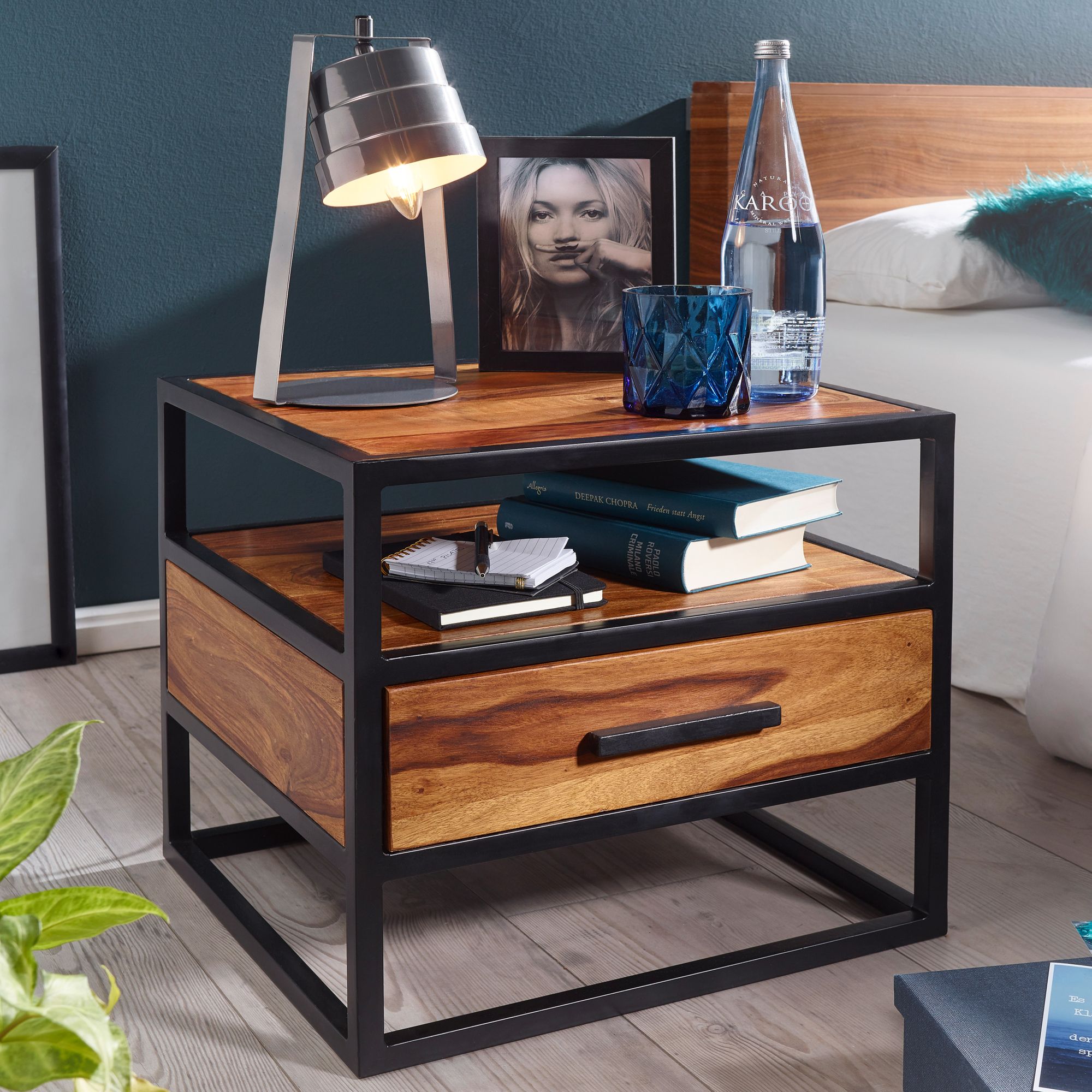 50 x 45 x 45 cm wl5.624 sheesham wood metal black nightstand