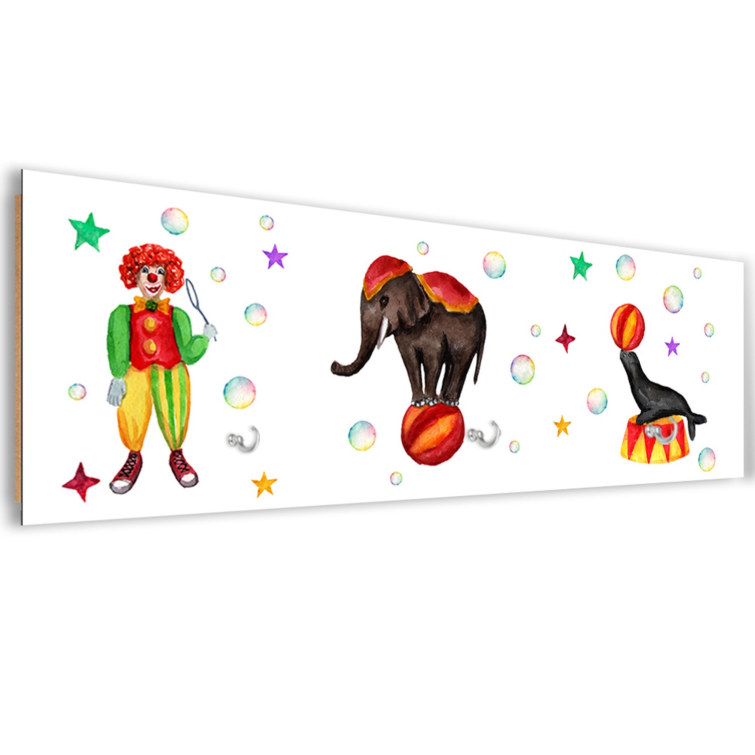 Coat rack in hdf and satin paper with circus child drawing