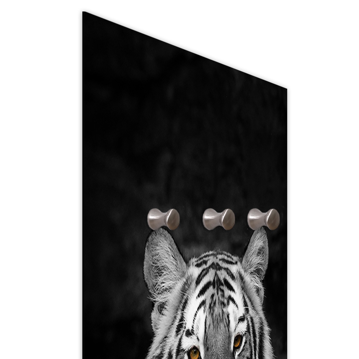 Coat rack made of fiberboard and satin paper with a drawing of a tiger with a black background