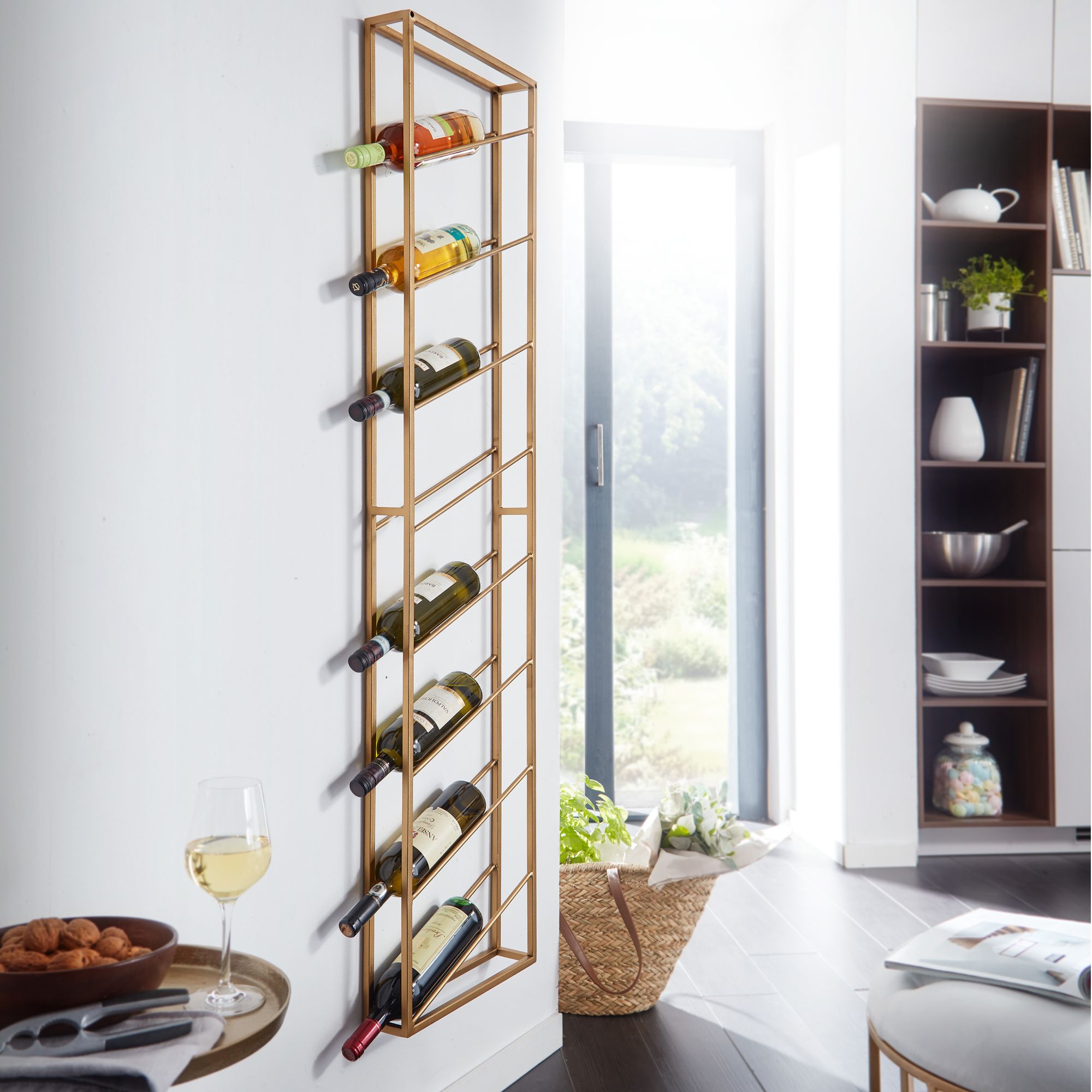 Rack wall metal gold 36x150x8 cm large for 8 bottles