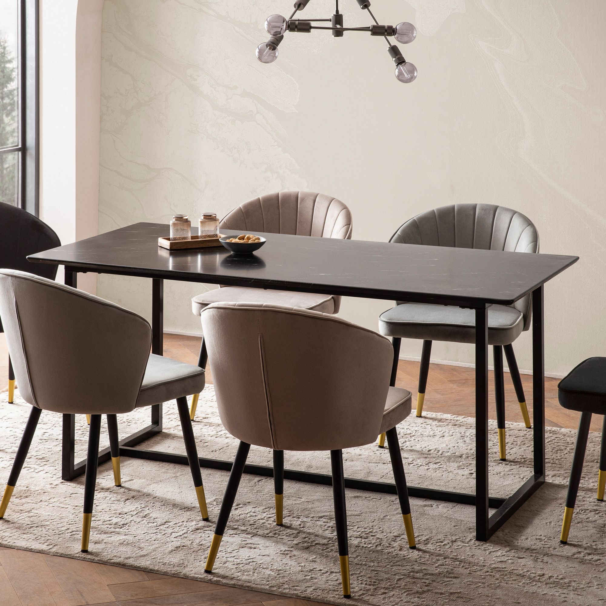 Dining room table 120x60x76 cm kitchen table black in marble look modern, small dining table, rectangular dining table, dining room table with metal legs