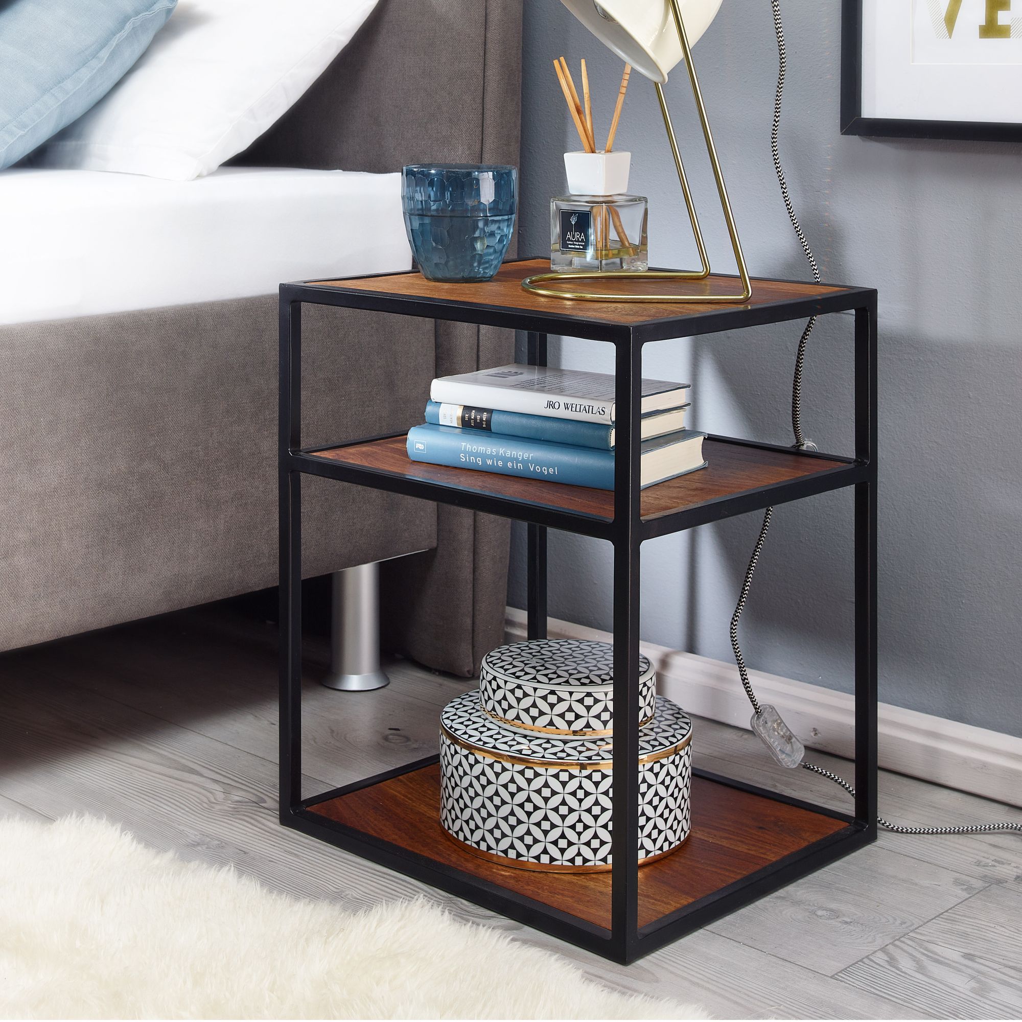 Bedside table solid sheesham wood / metal 40x50x35 cm side table high