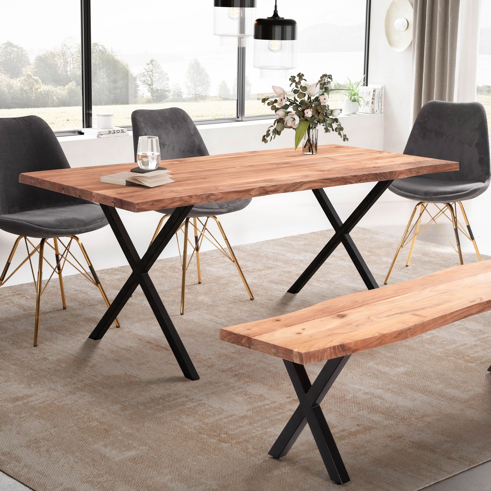 Dining room table 120x60x76 cm acacia solid wood / metal dining table tree edge, solid kitchen table with x-legs in black, wooden table dining table dining room rectangular